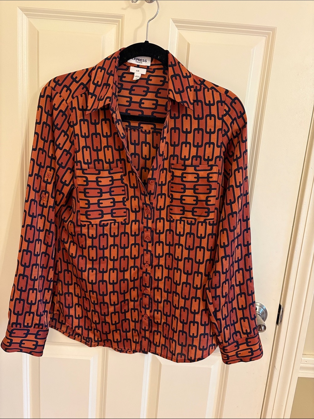 Express Rust Orange and Navy Geometric Button-Down Blouse